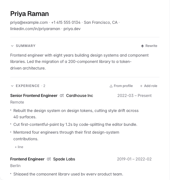 The AceJobs resume editor, with a tailored summary and experience bullets edited in place